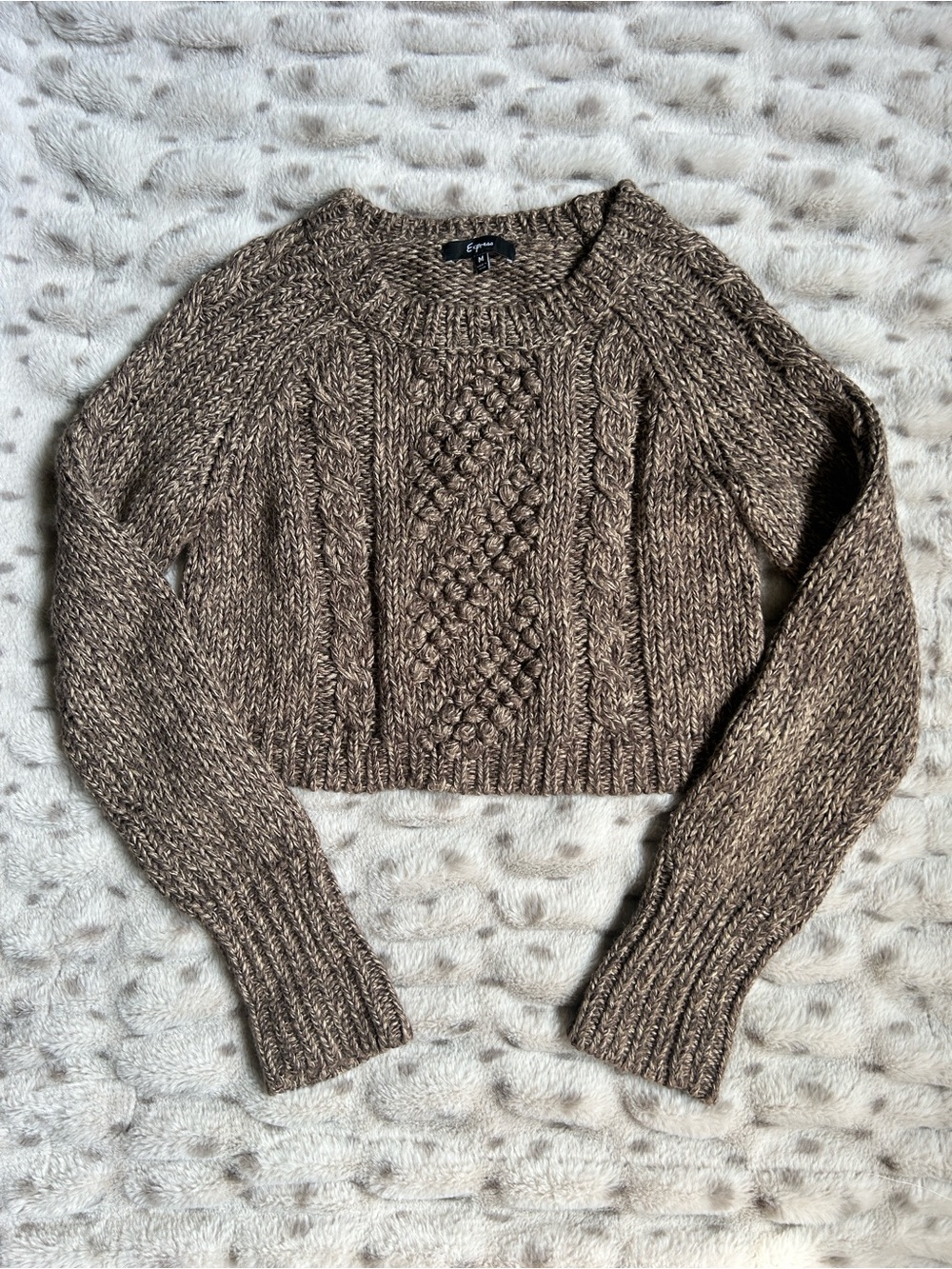 Express Women's Brown Cropped Cable Knit Sweater